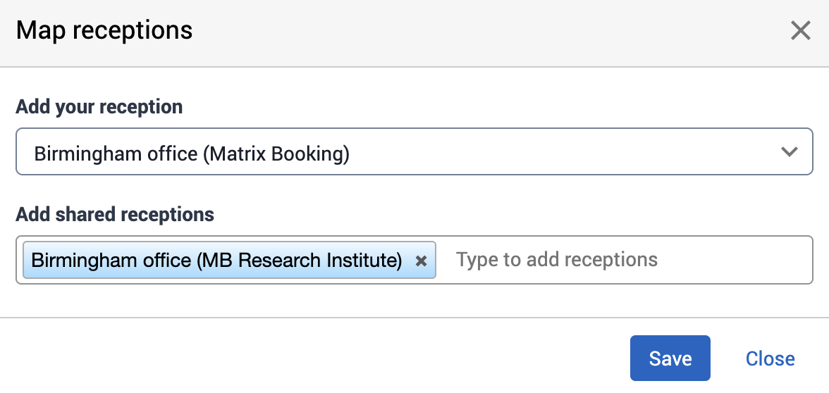 Map receptions pop-up with the sharer organisation's reception mapped to the sharee organisation's reception.