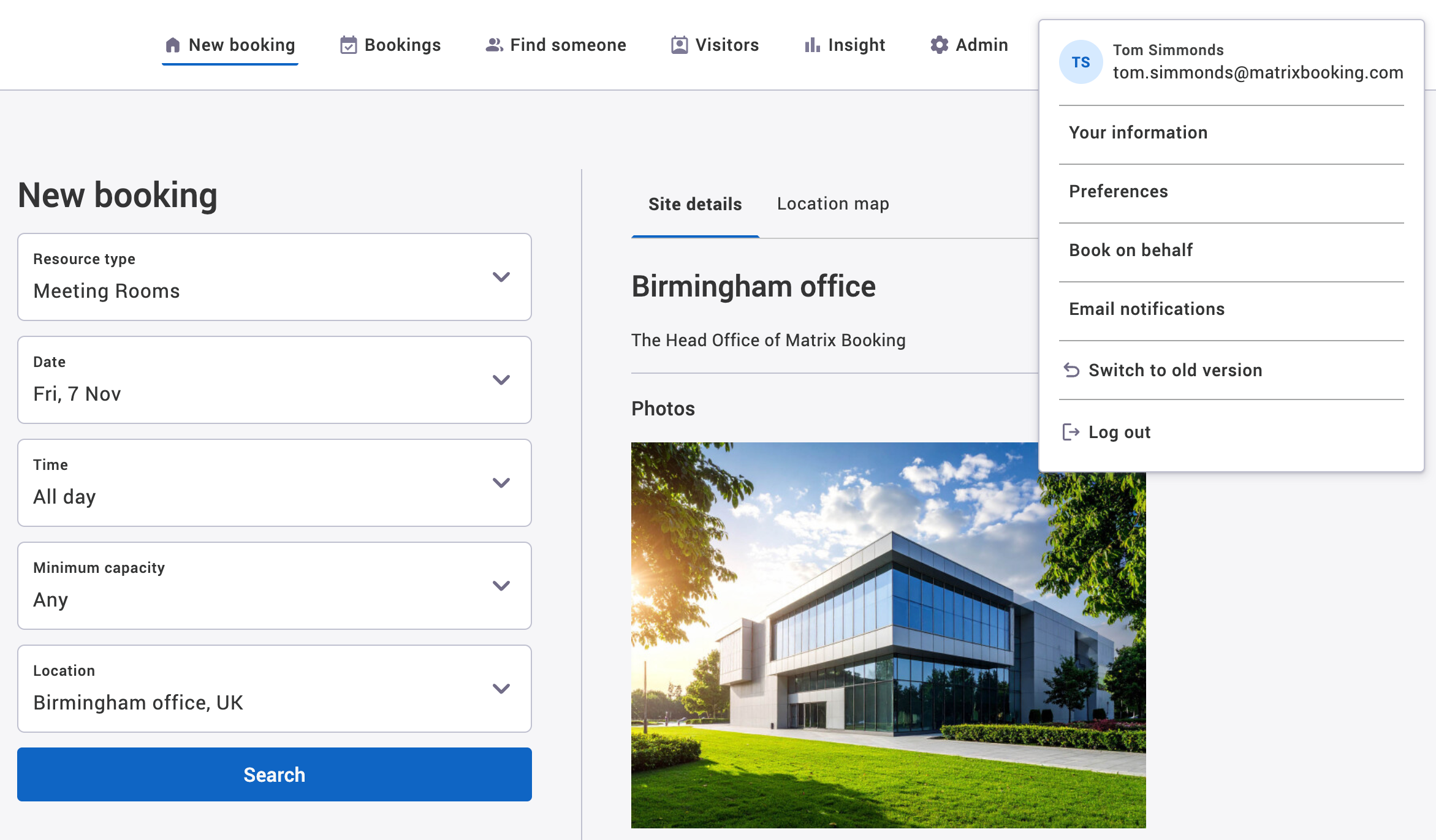 User profile dropdown.