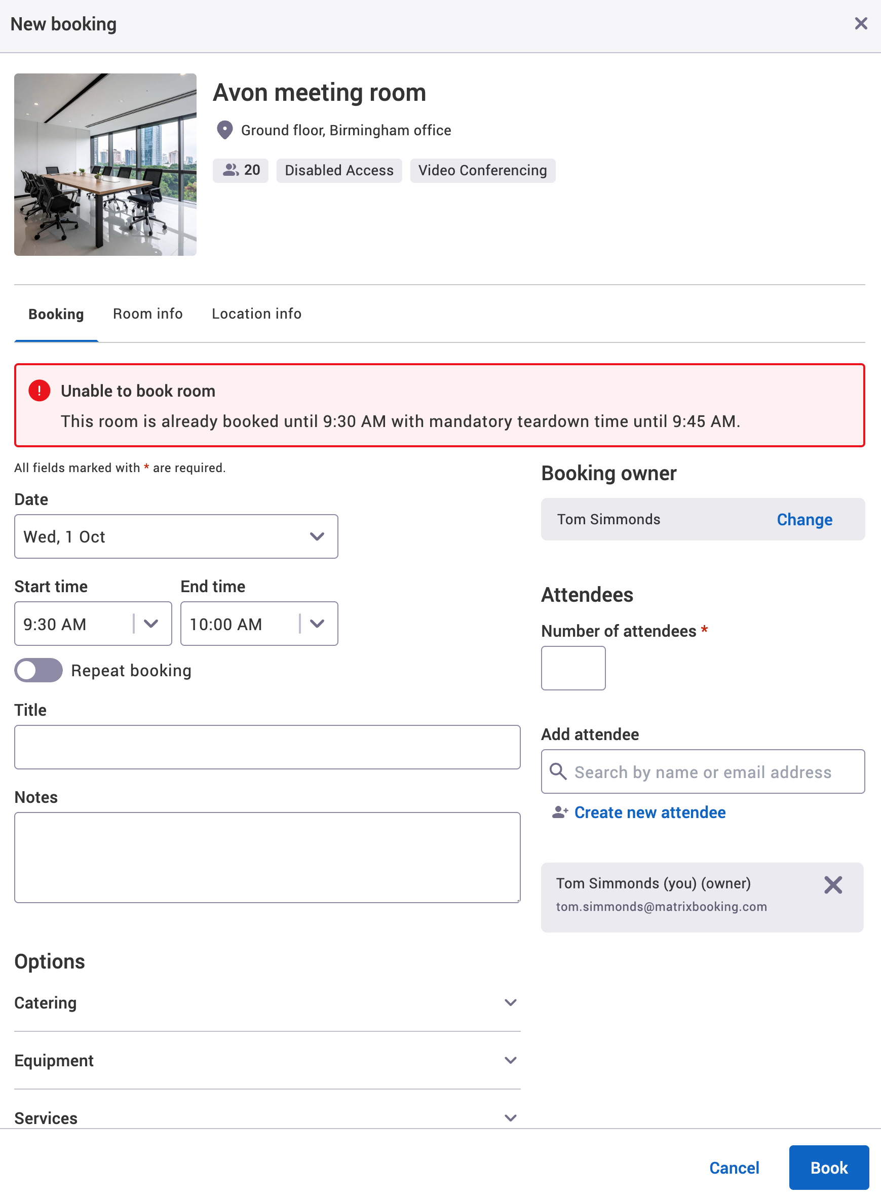 Buffer time error message in the new booking pop-up as the booking overlaps with the previous booking's buffer time.