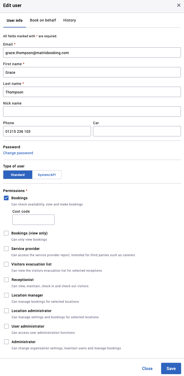 Edit user dialog with an example user entered.