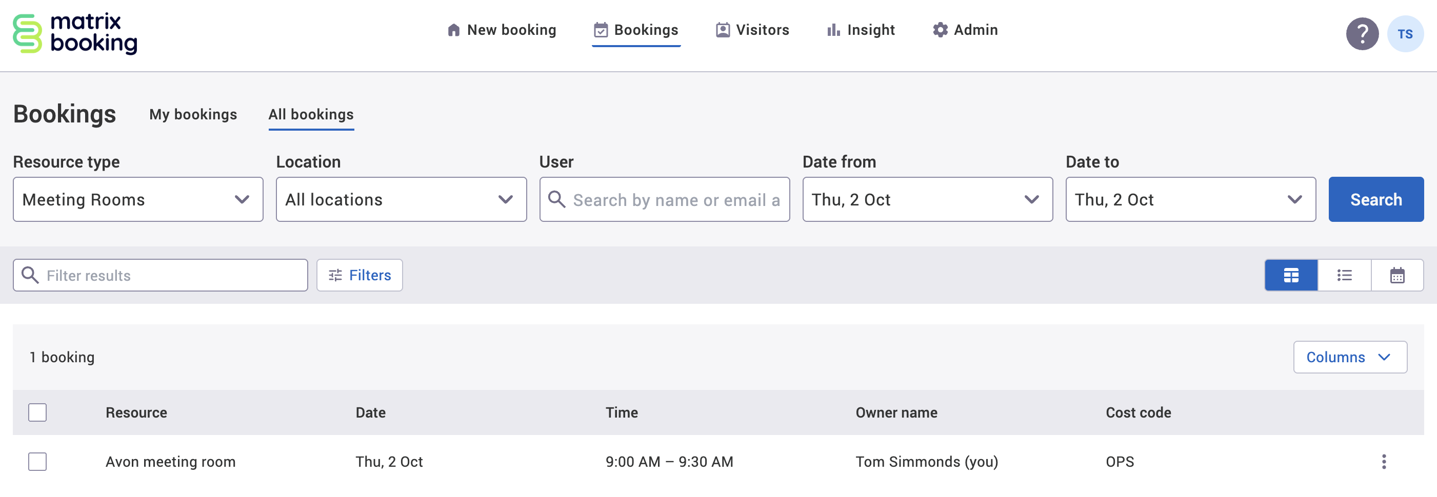Cost code column in the table view of the All bookings tab in the Bookings screen.
