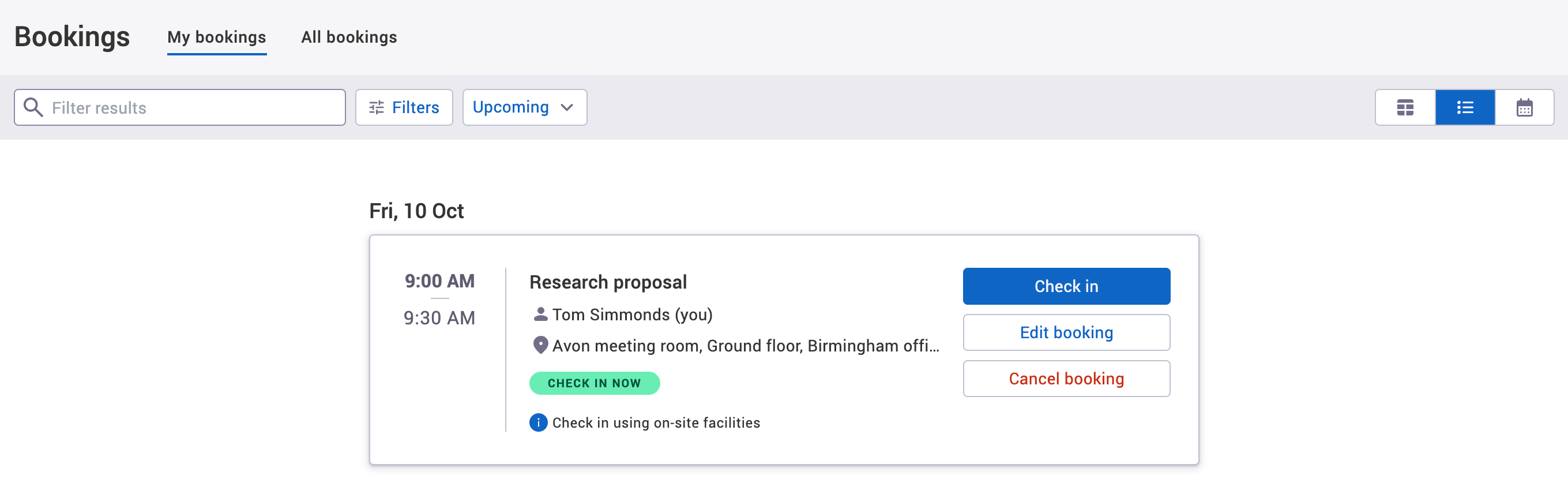 Check in button on booking in list view on my bookings tab.