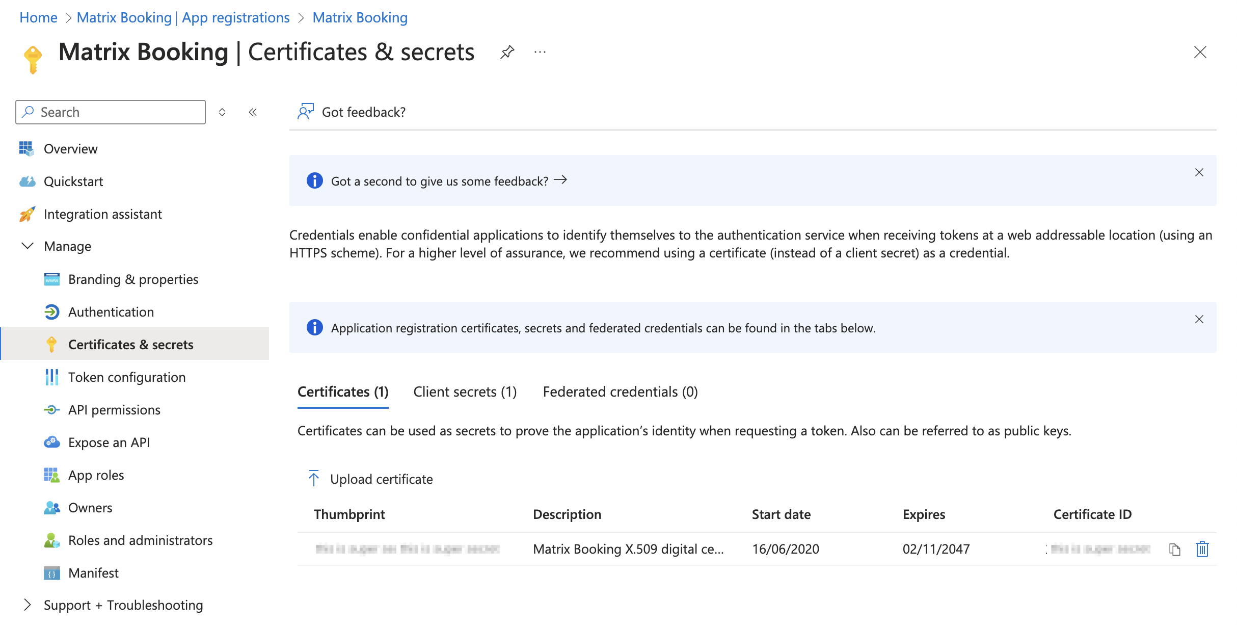 Certificates and secrets screen on Microsoft Azure.