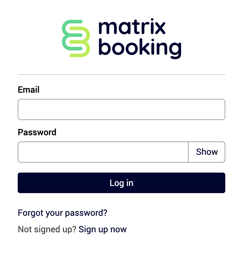 Matrix Booking login page.