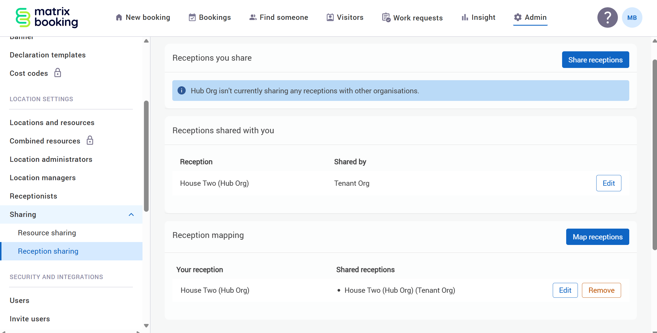 Reception sharing screen for the sharer organisation.
