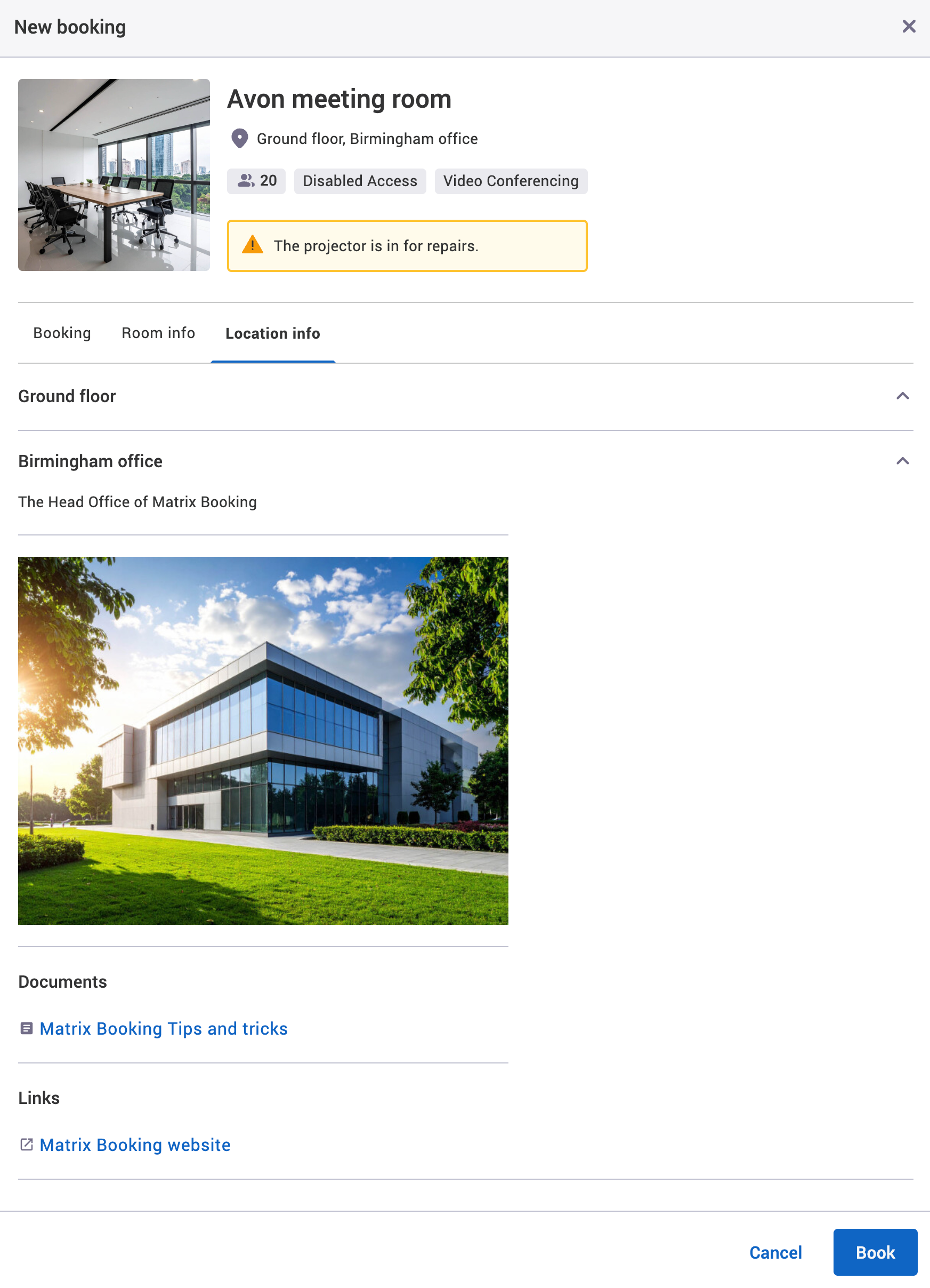 New booking pop-up with an example document in the documents section of the location info tab.