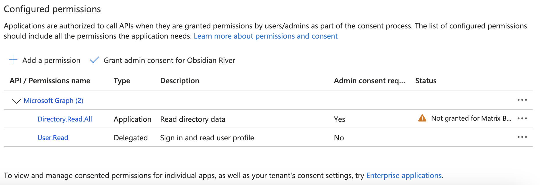 Configured permissions screen in Microsoft Azure without the required permissions.