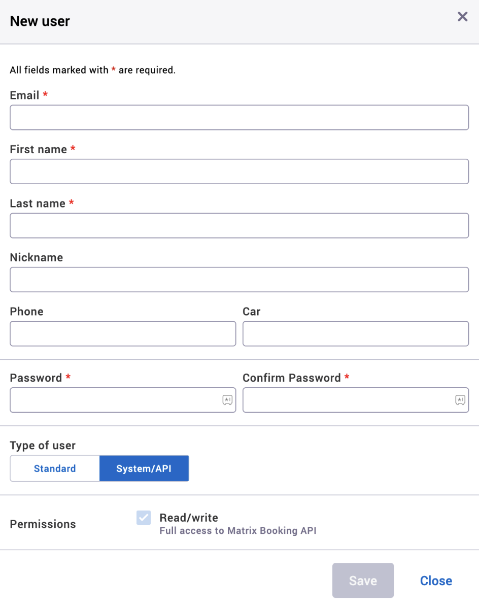 New user dialog with the System API user type selected.