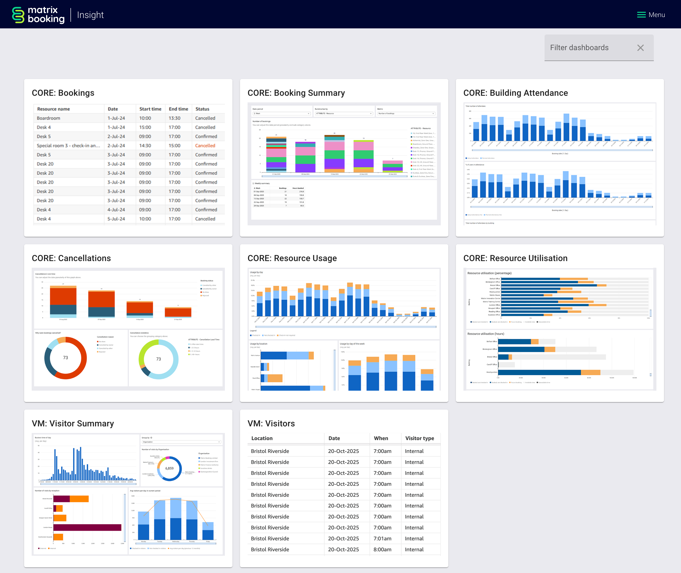Matrix Booking Insight homepage with the dashboards displayed.