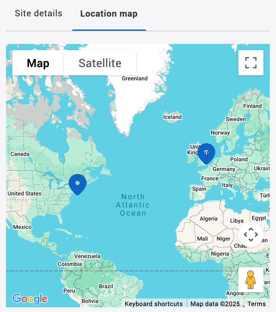 Location map with markers of buildings owned by an example organisation.