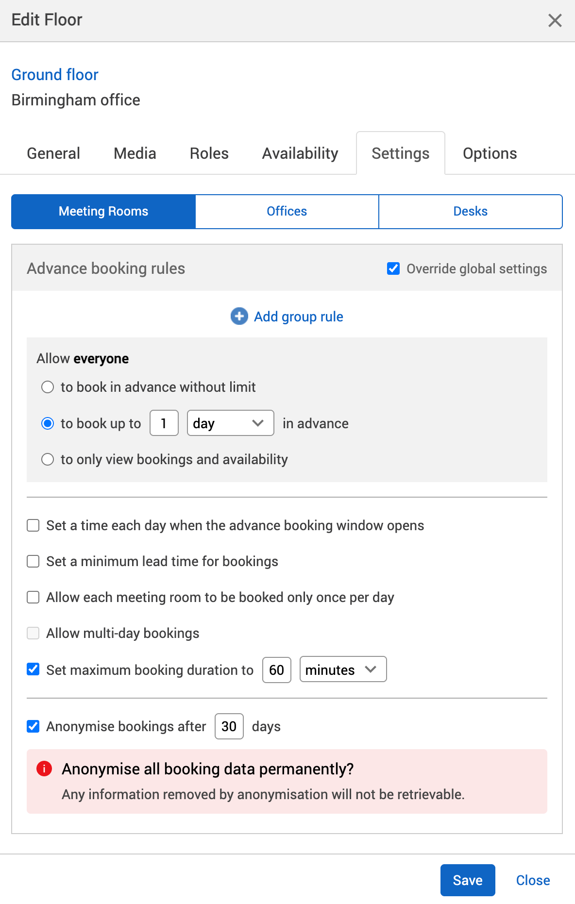 Maximum duration and anonymise bookings settings switched on.