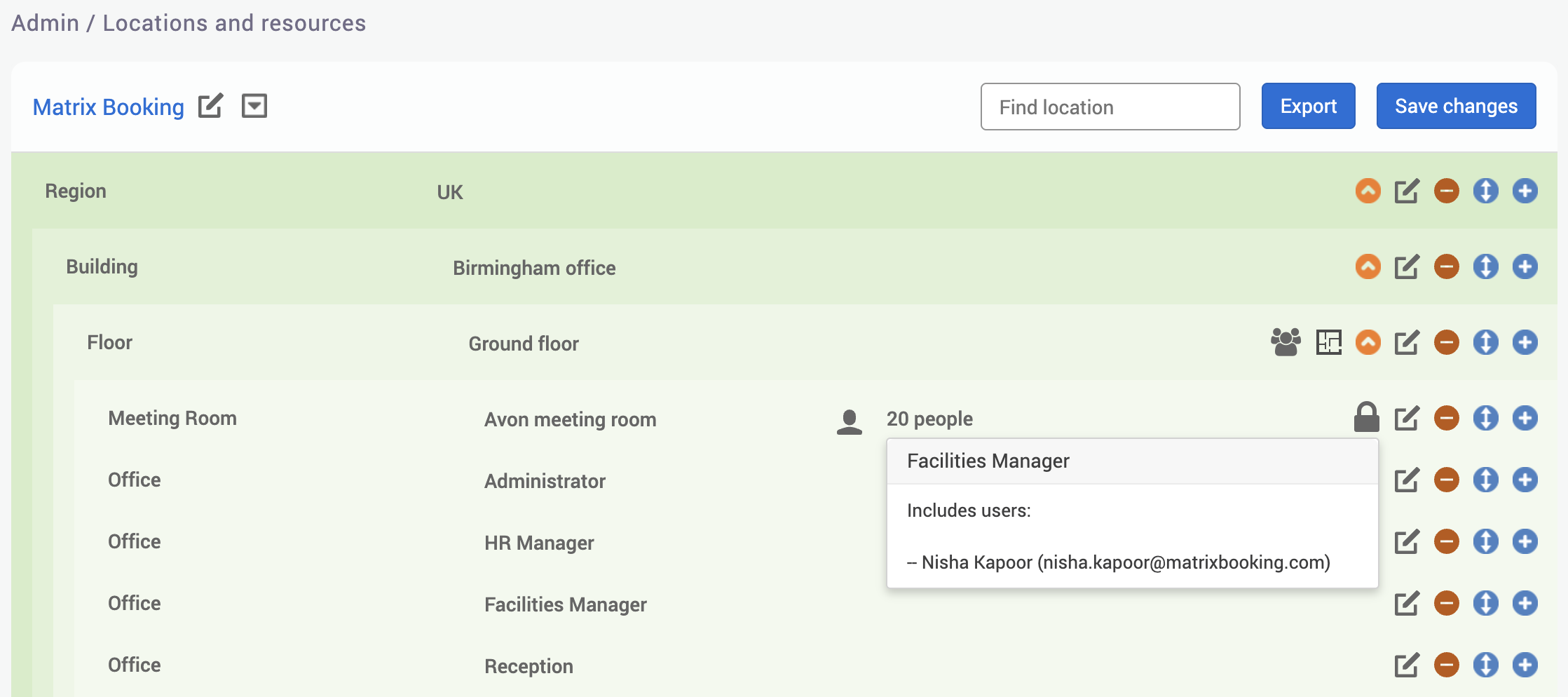 An example user group pop-up for the restricted access resource in the locations and resource hierarchy.