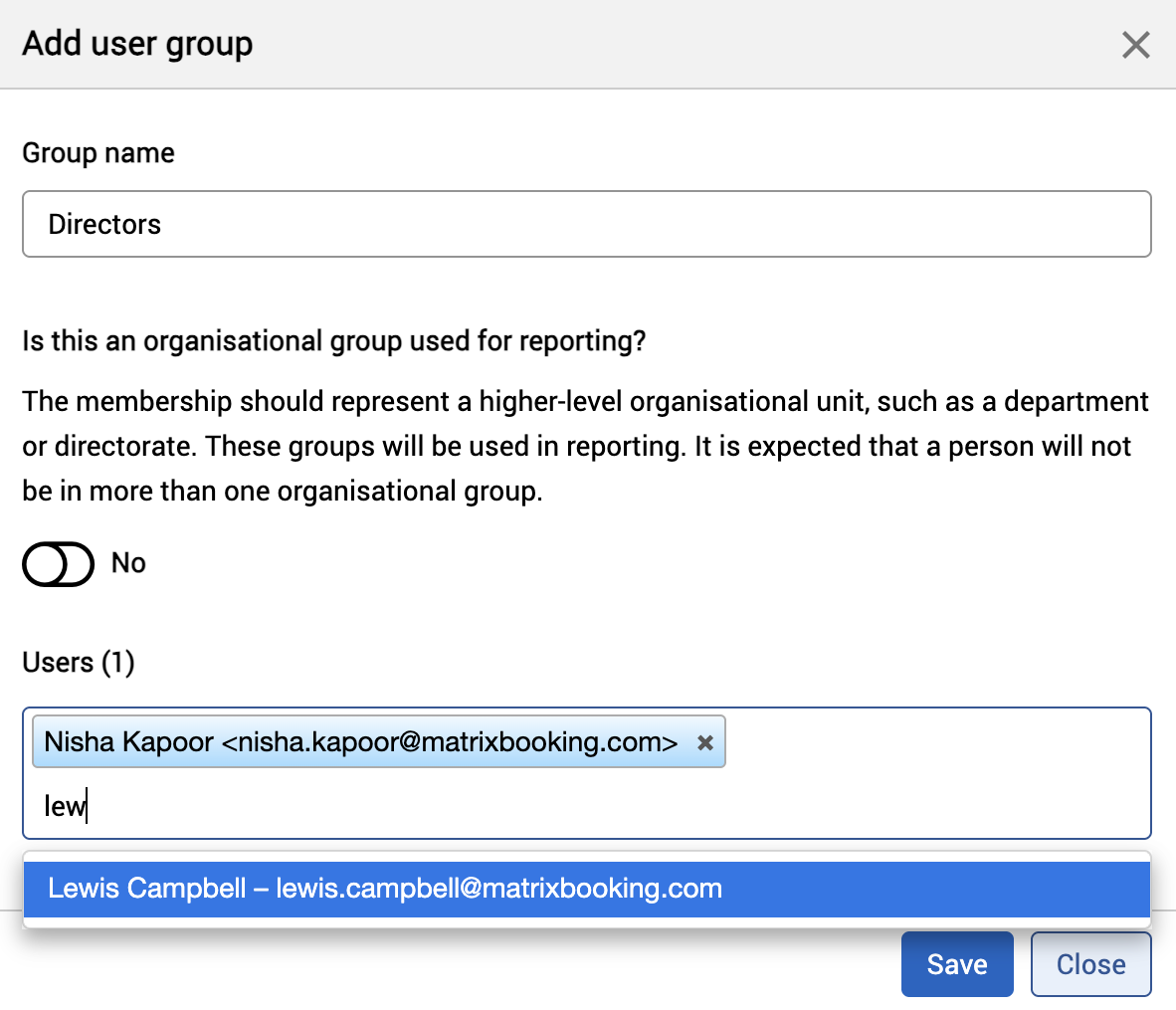 Add user group pop-up with an example name and users added.