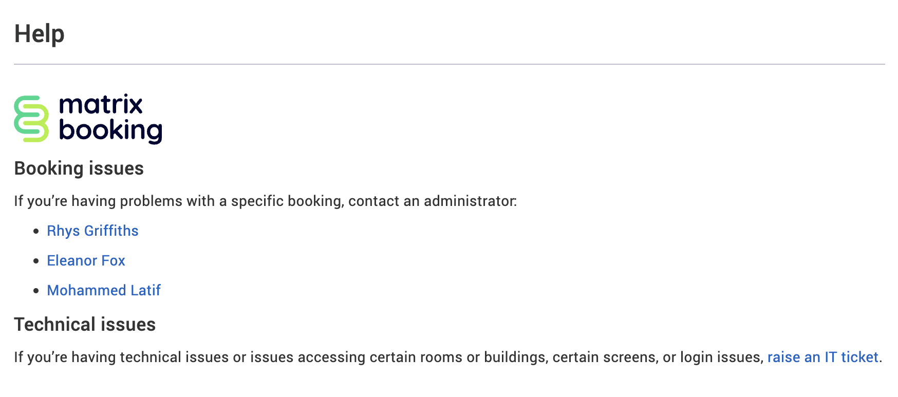Help screen with administrators listed.