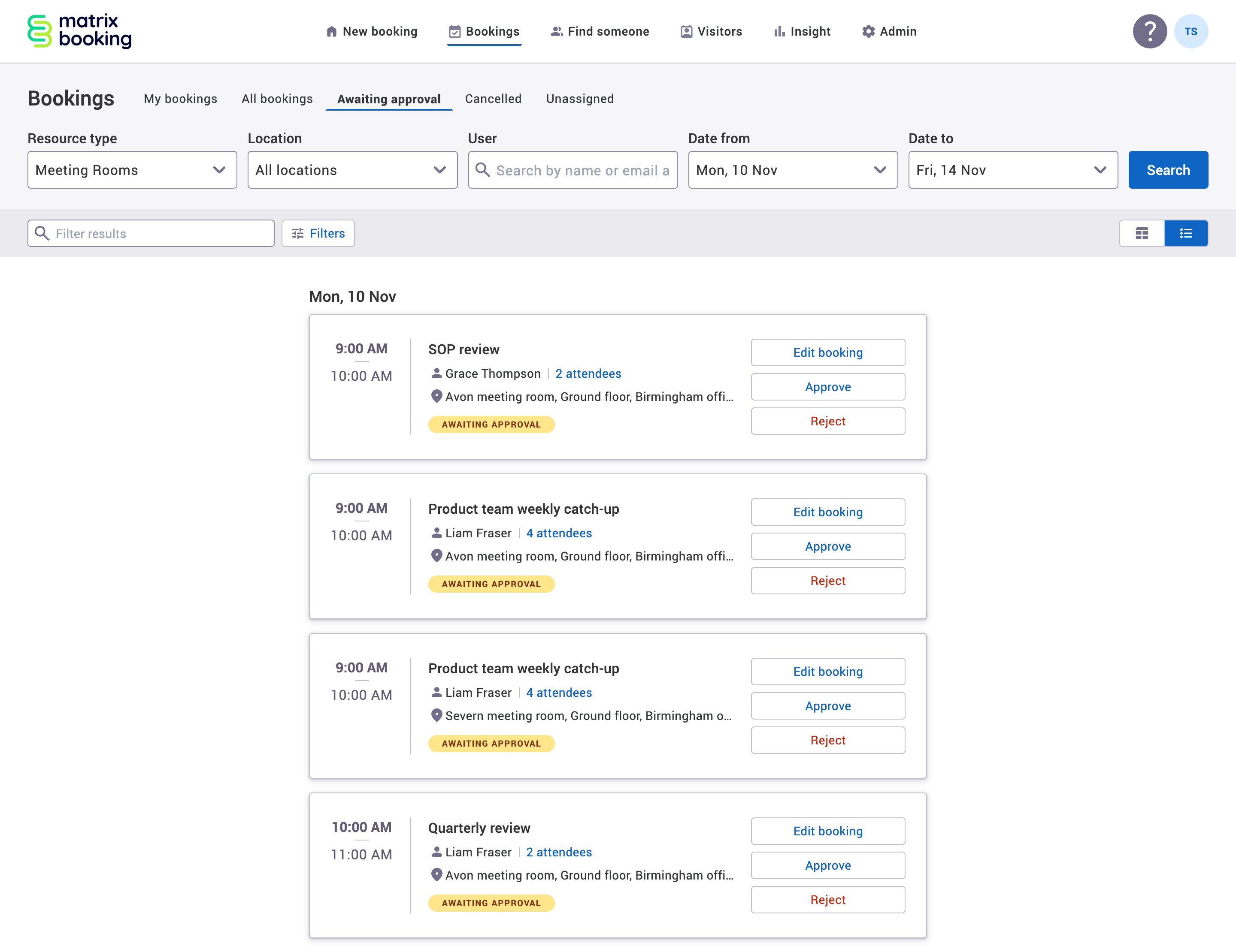 Awaiting approval tab in the List view with example bookings awaiting approval displayed.