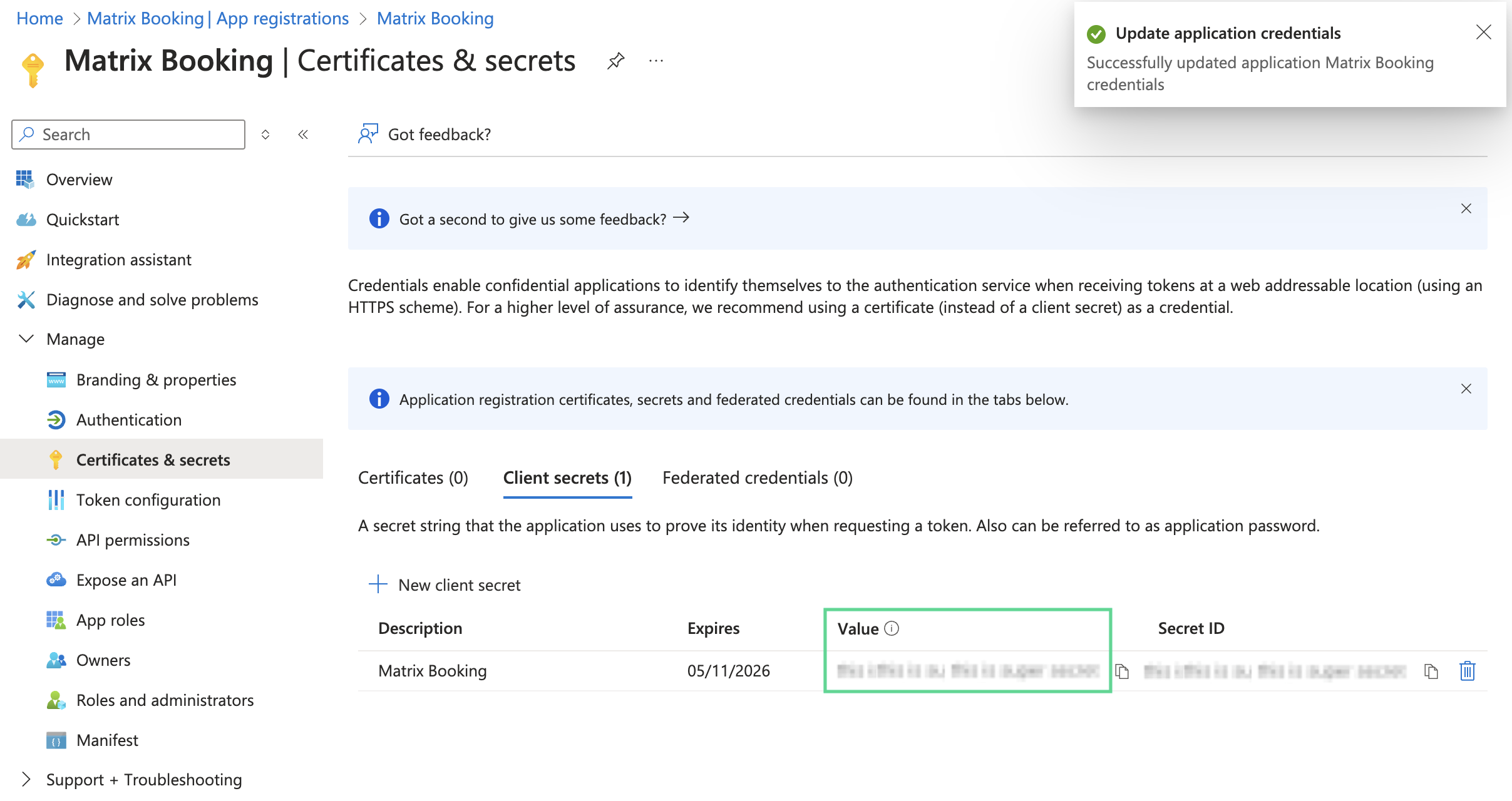 Certificates and secrets screen in Microsoft Azure.