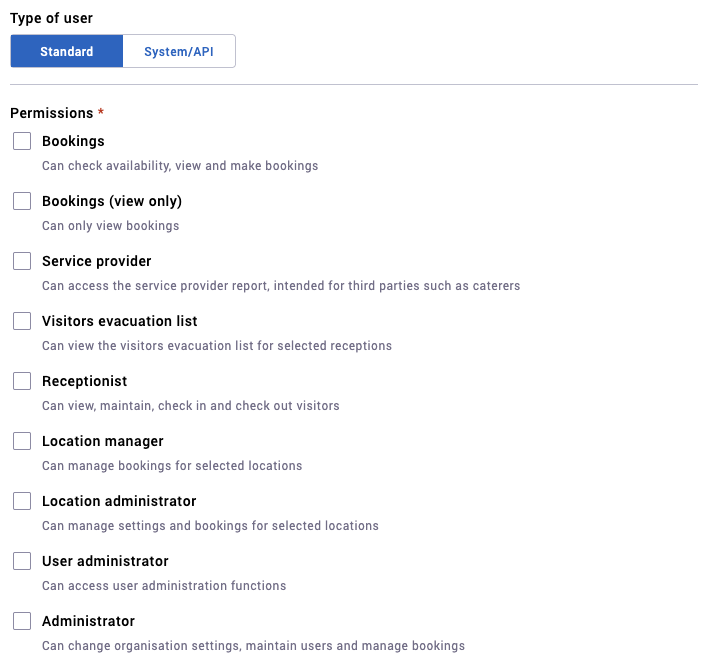 Type of user and permissions sections of the new user dialog.
