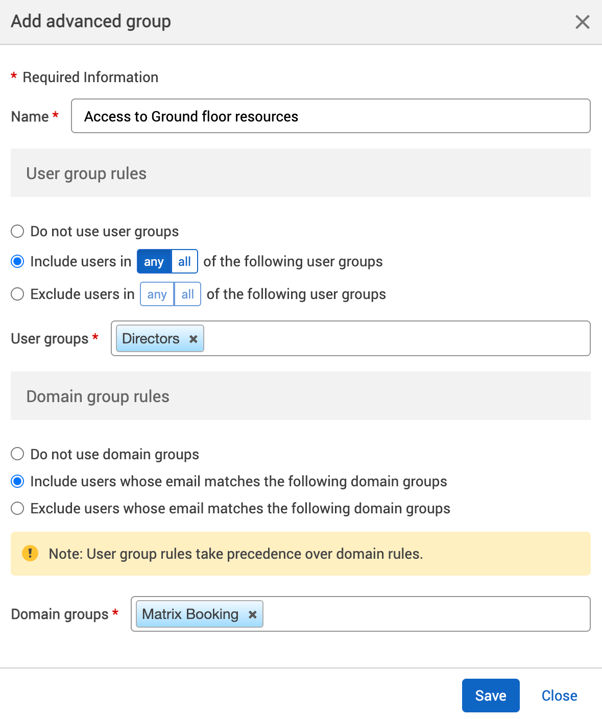 Add advanced group pop-up with example user and domain groups added.
