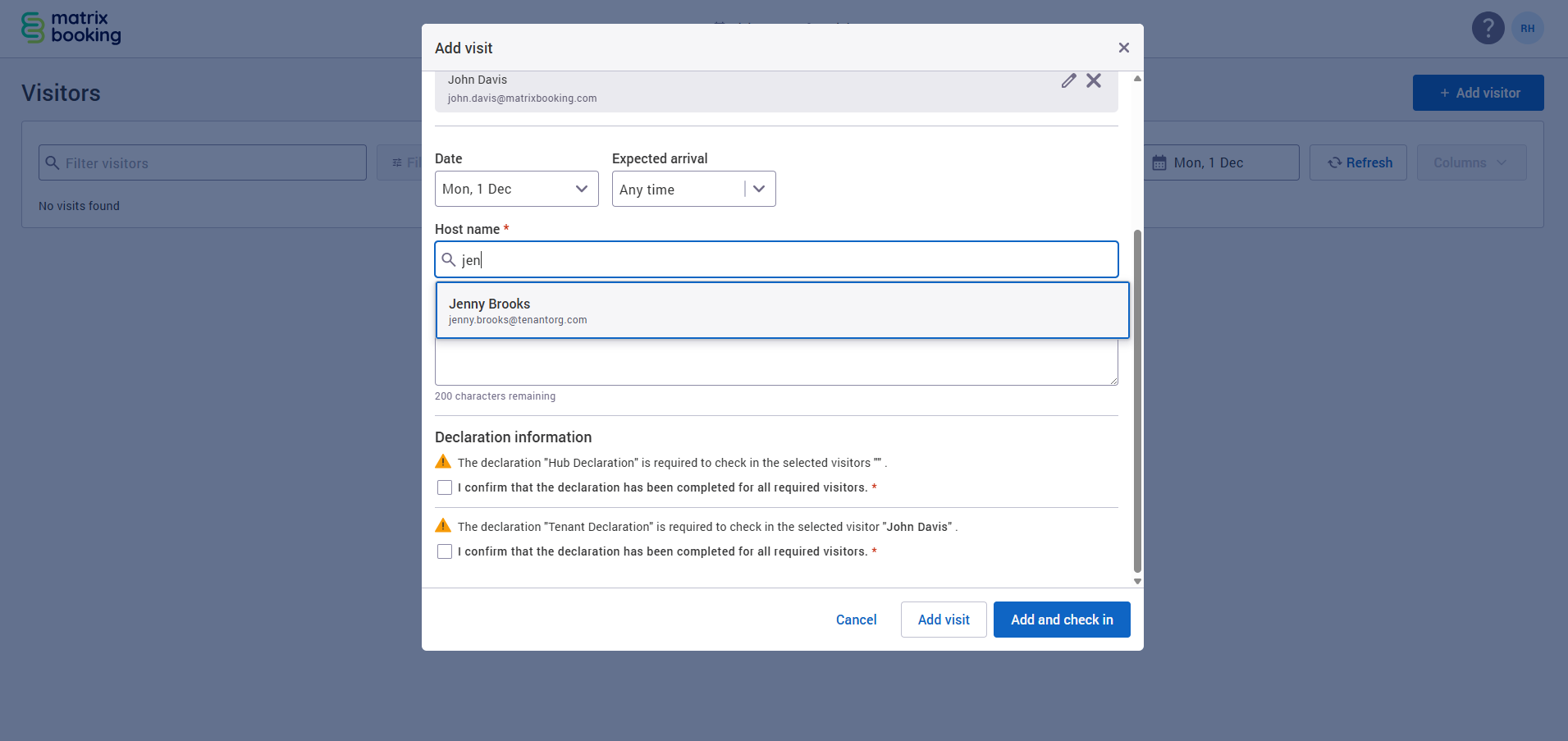 Add visit dialog with user search displayed.