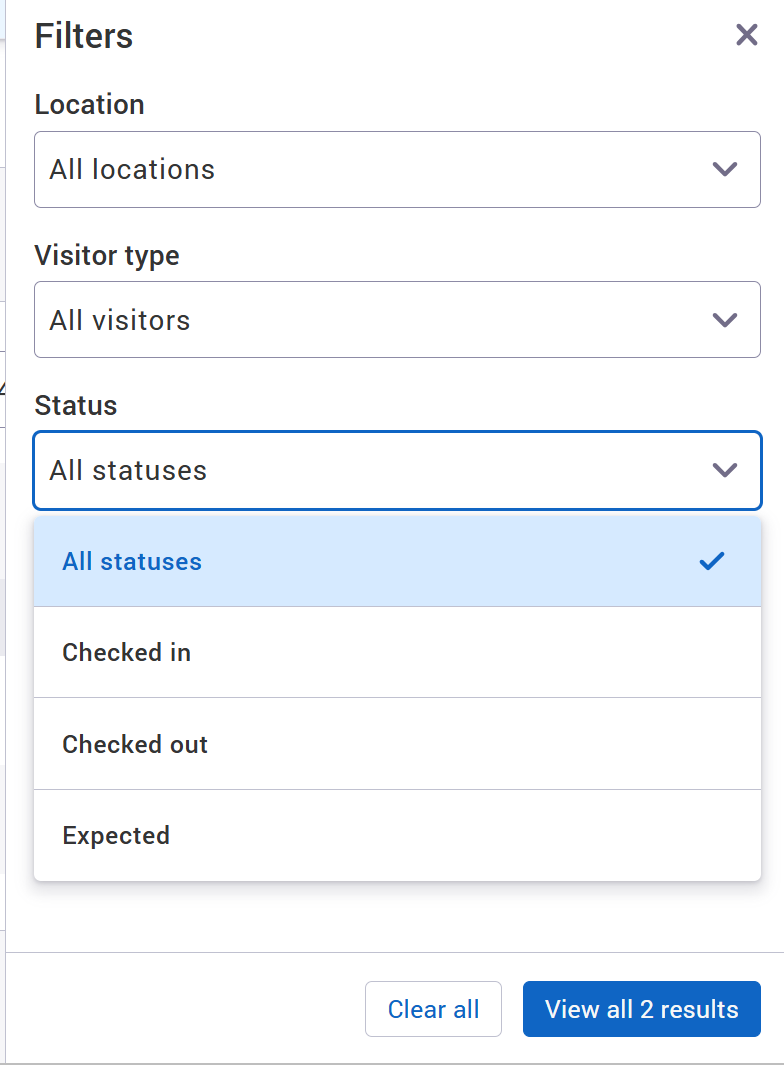 Filters panel with the status dropdown.