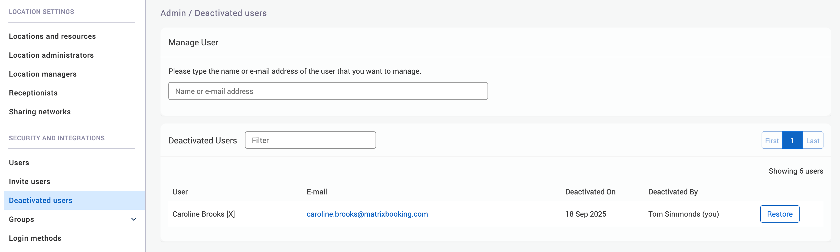 Deactivated users page.