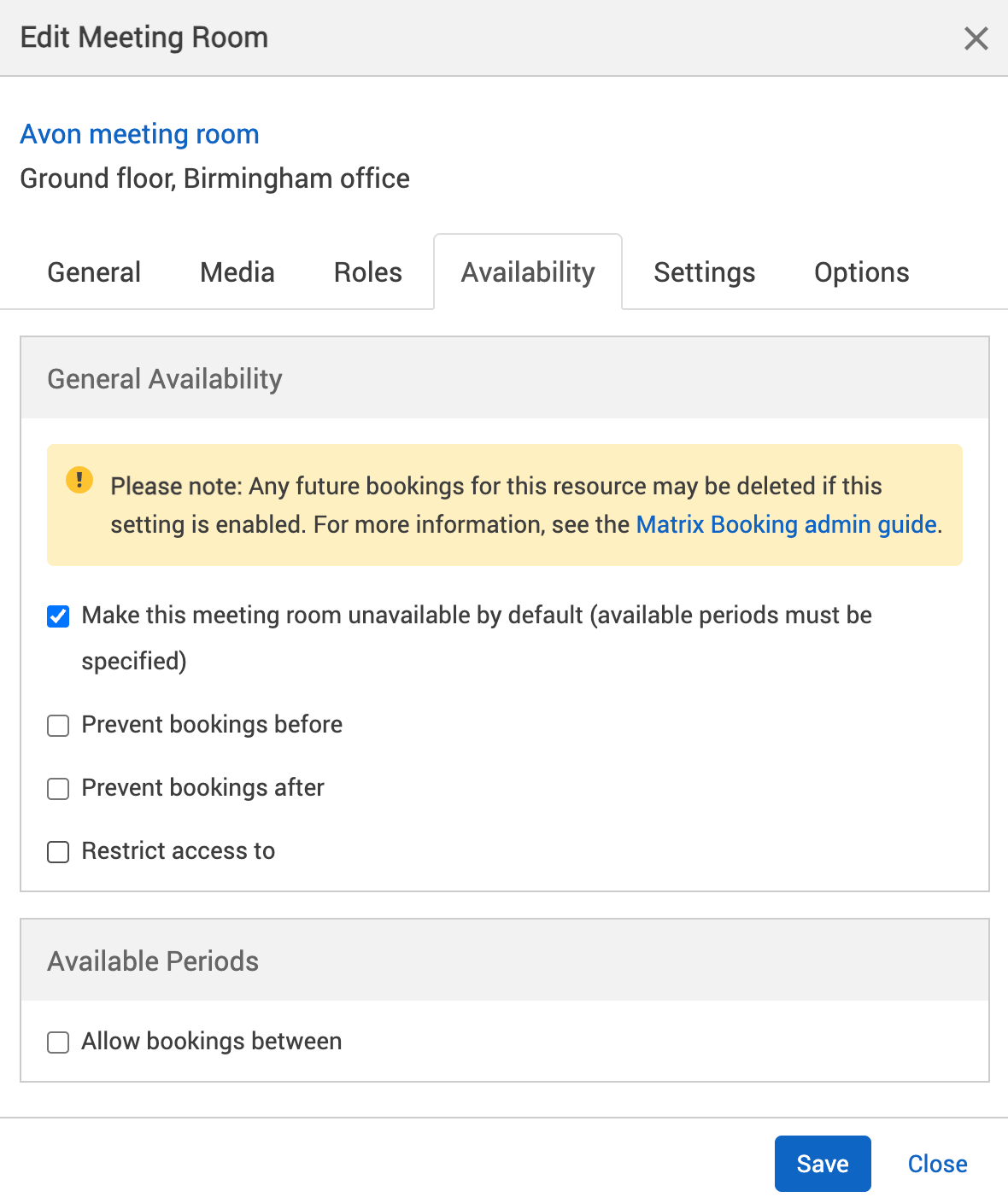 Make this meeting room unavailable by default selected in the availability tab.