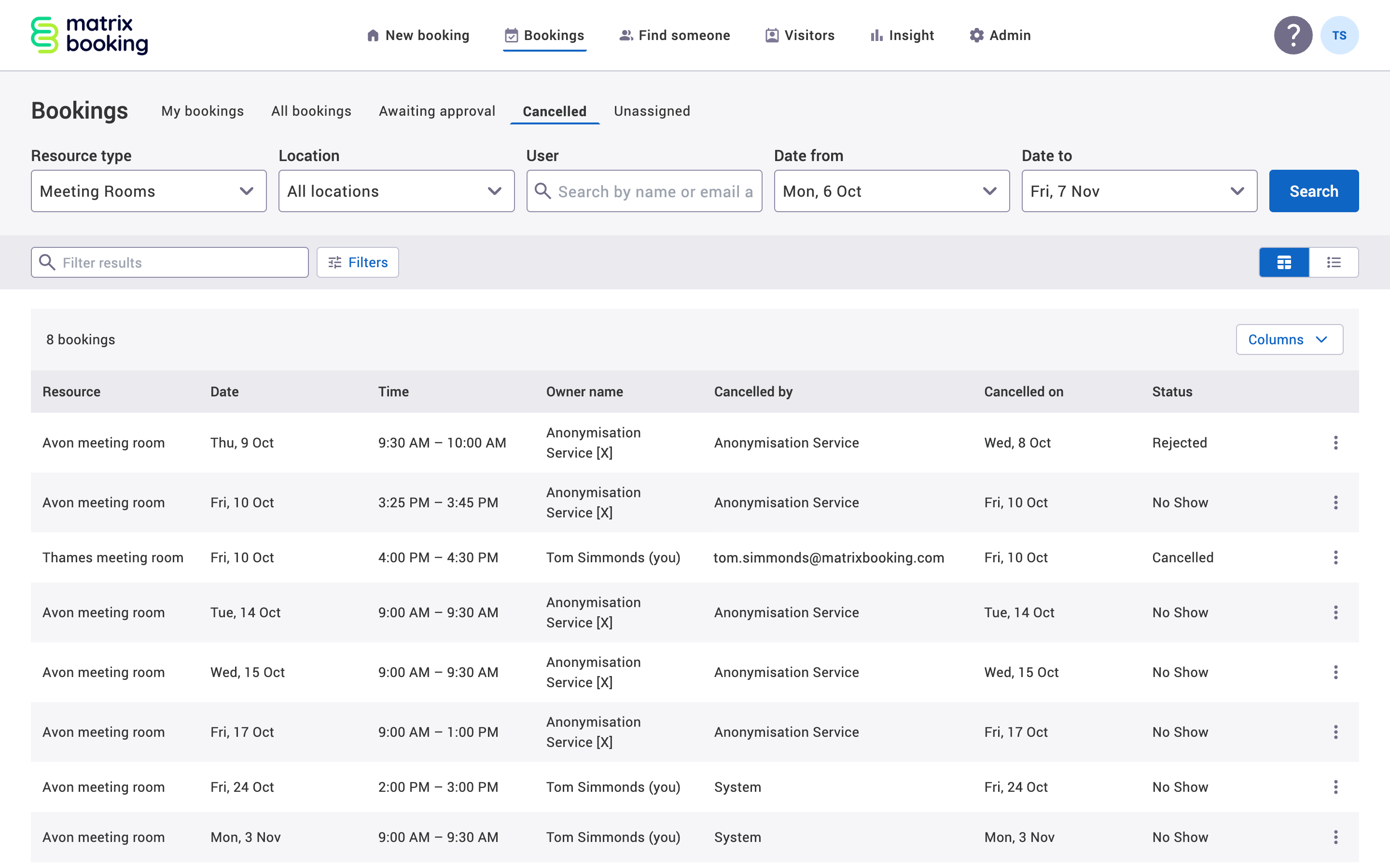 Cancelled tab in the table view with example cancelled bookings displayed.