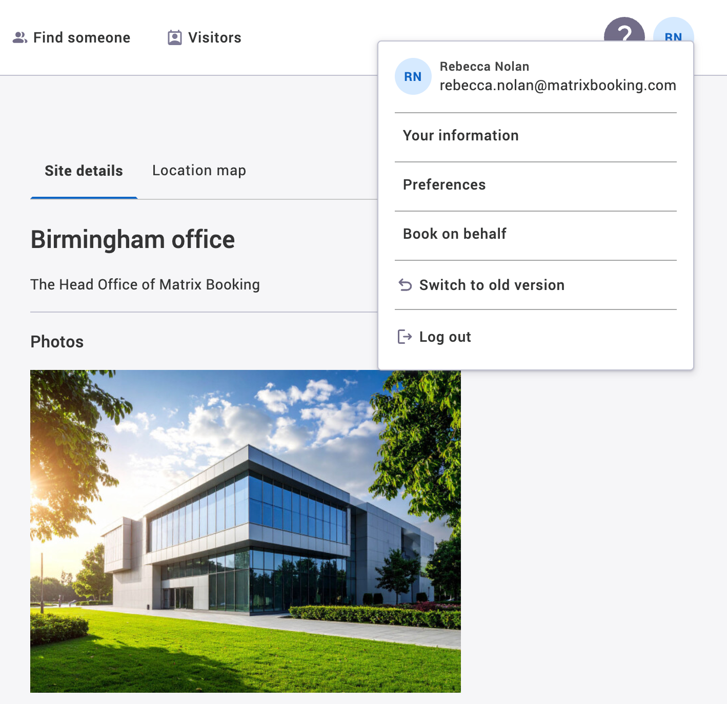 User profile dropdown.