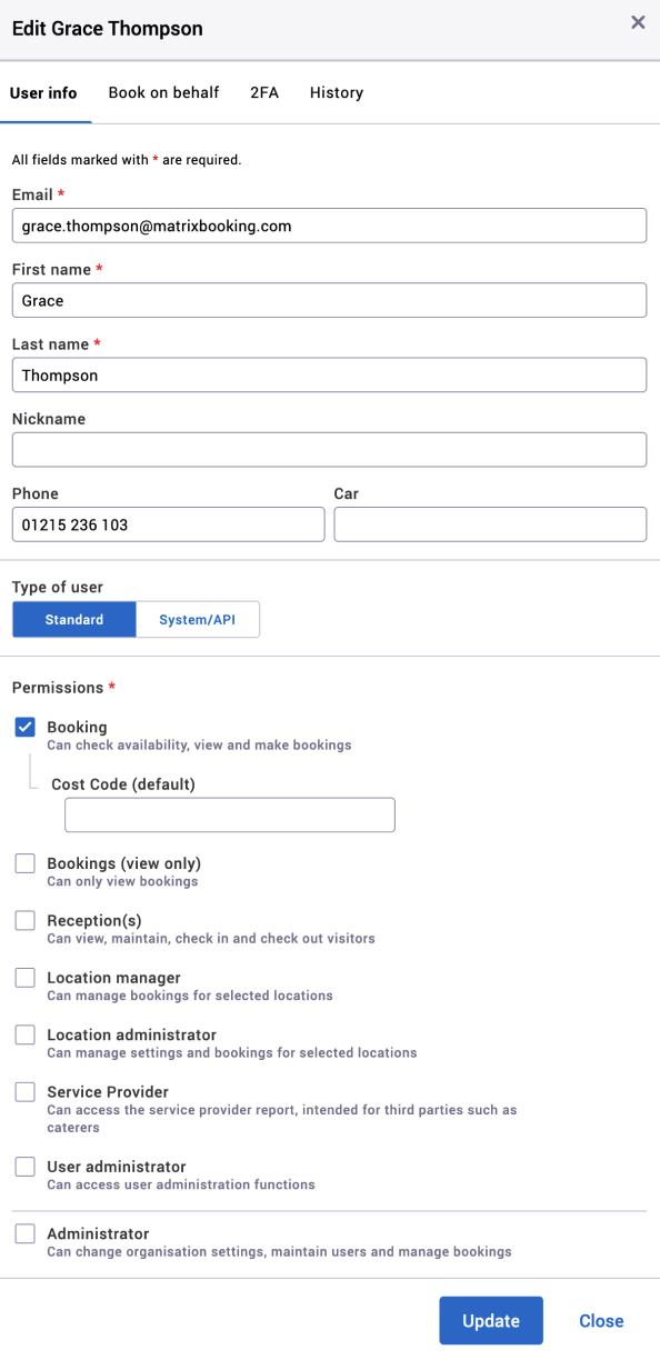 Edit user dialog with an example user entered.
