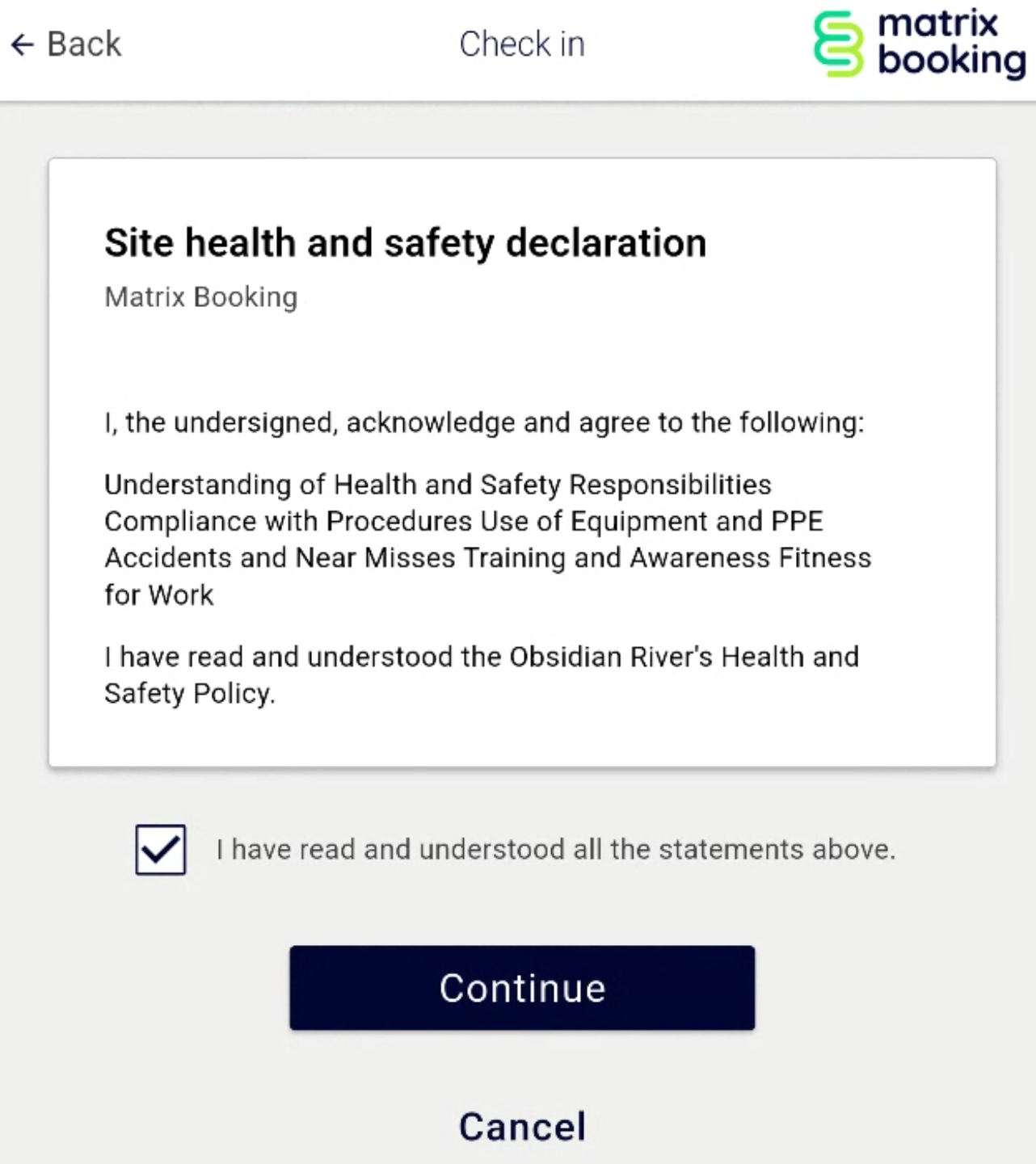 Welcome app sign declaration screen.