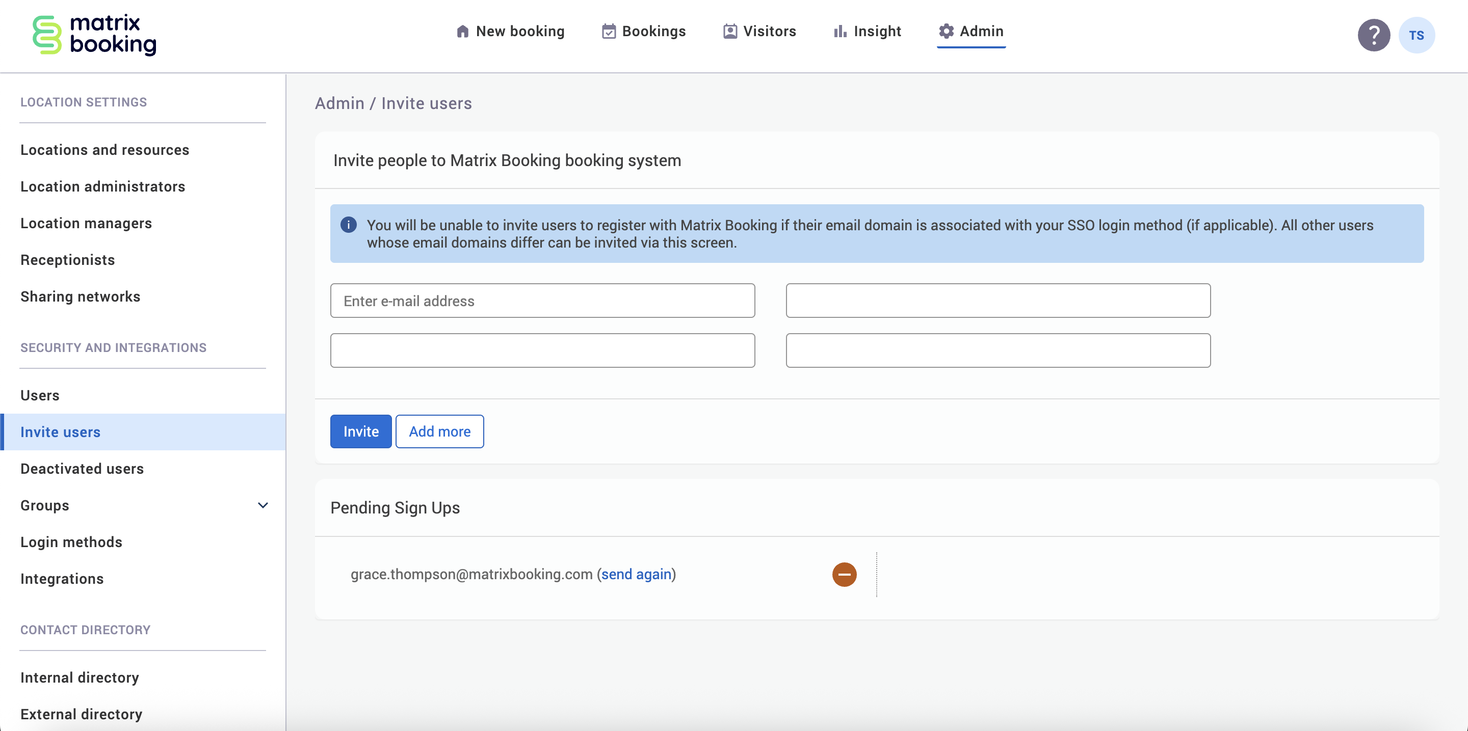 Invite users page with an example user pending sign up after being invited.