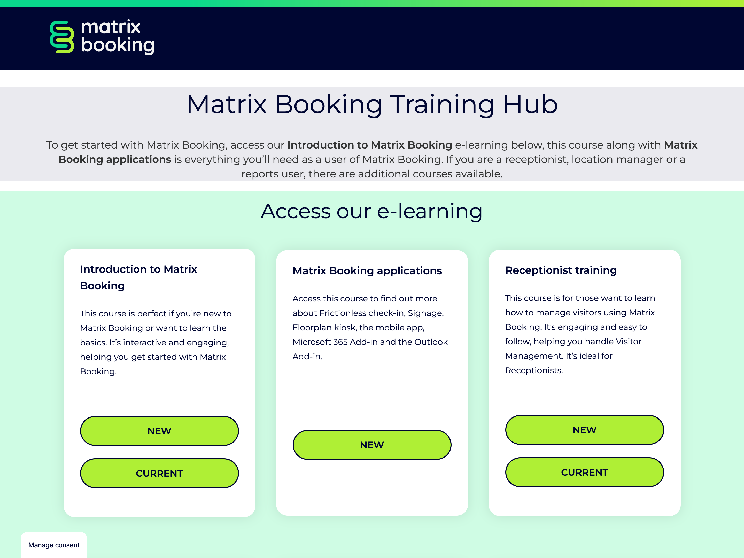 Matrix Booking Training Hub homepage.