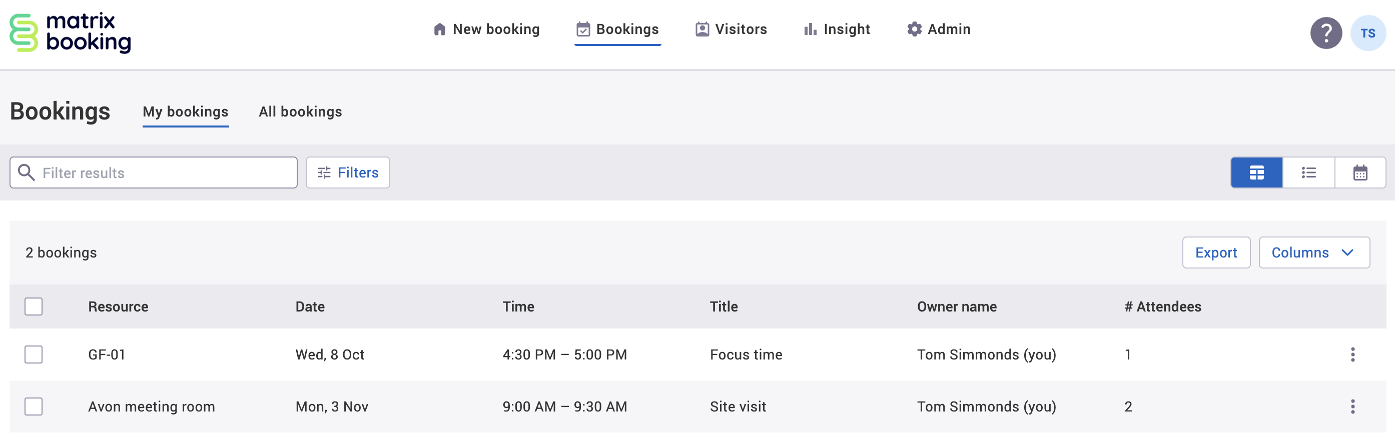 Table view of the My bookings tab in the bookings screen with 2 example bookings.