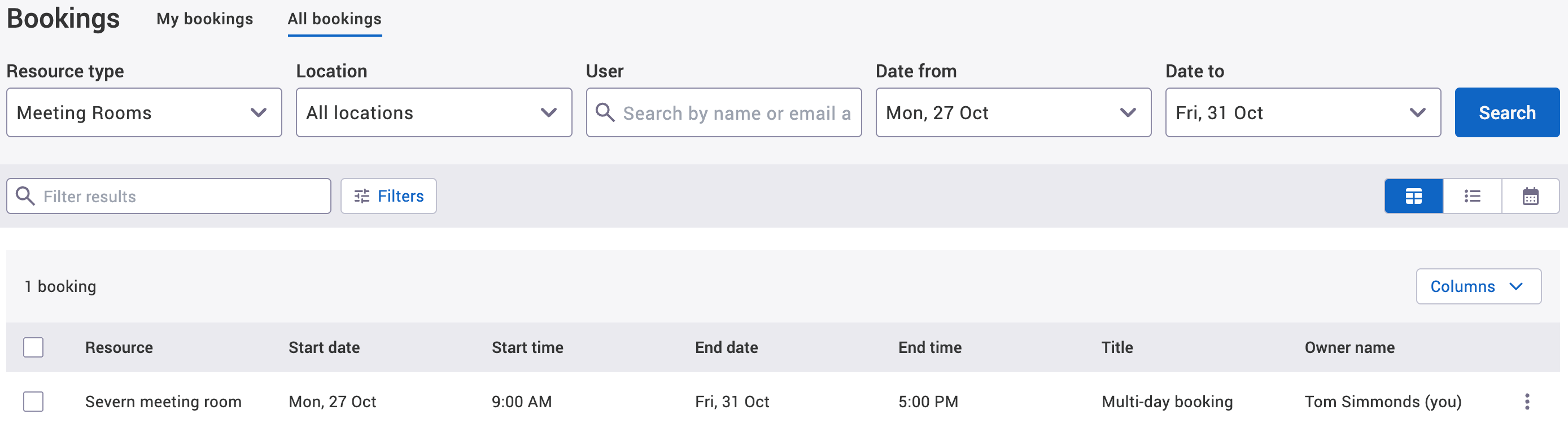 All bookings tab with an example multi-day booking displayed.