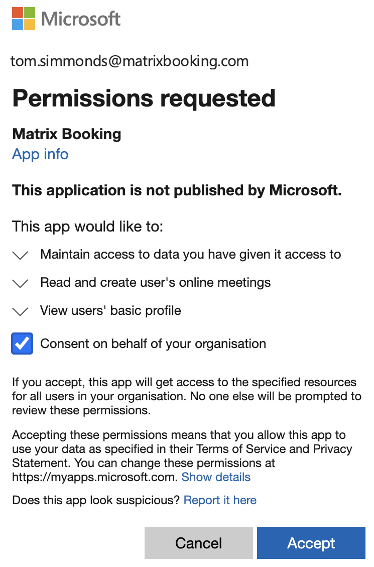 Permissions request dialog from Microsoft for Matrix Booking.