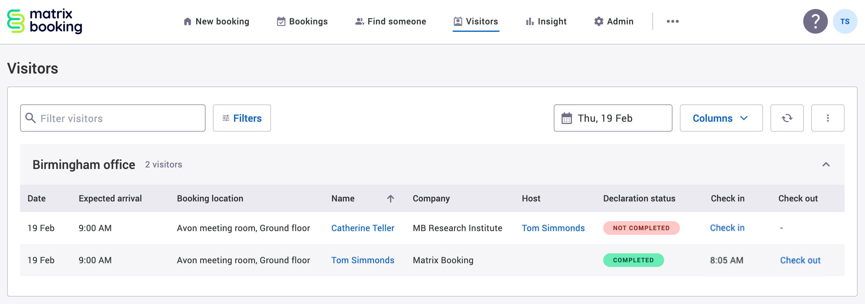 Visitors screen with example visitors.