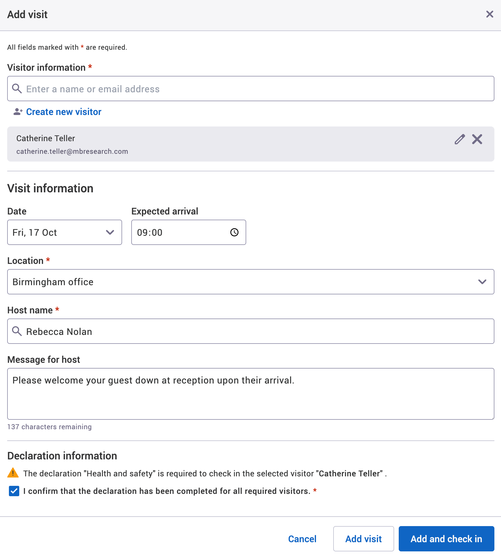 Add visit pop-up with an example visit added.