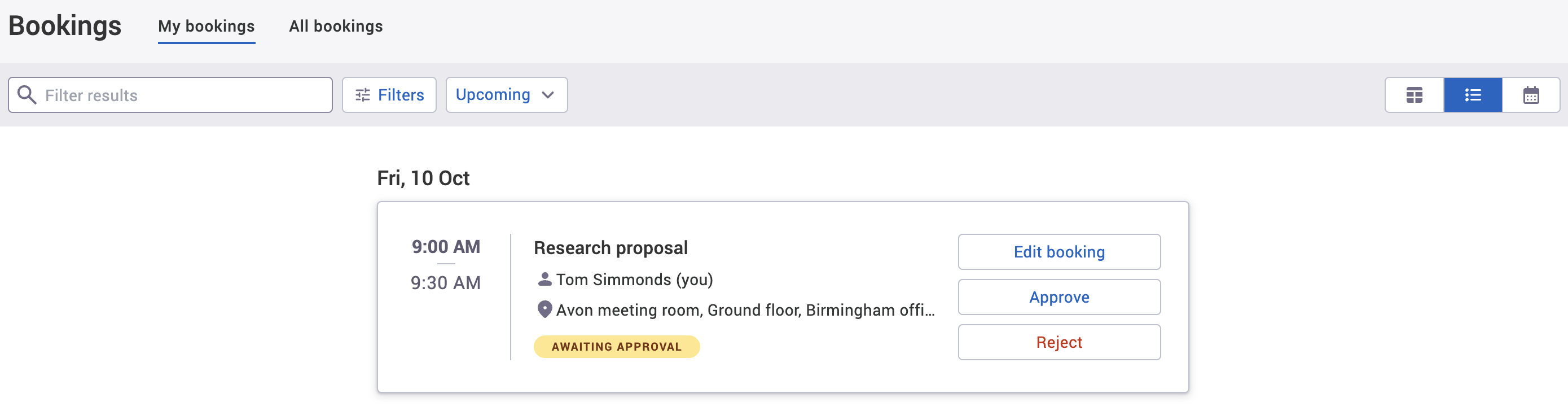 Approve button on booking in list view on my bookings tab.