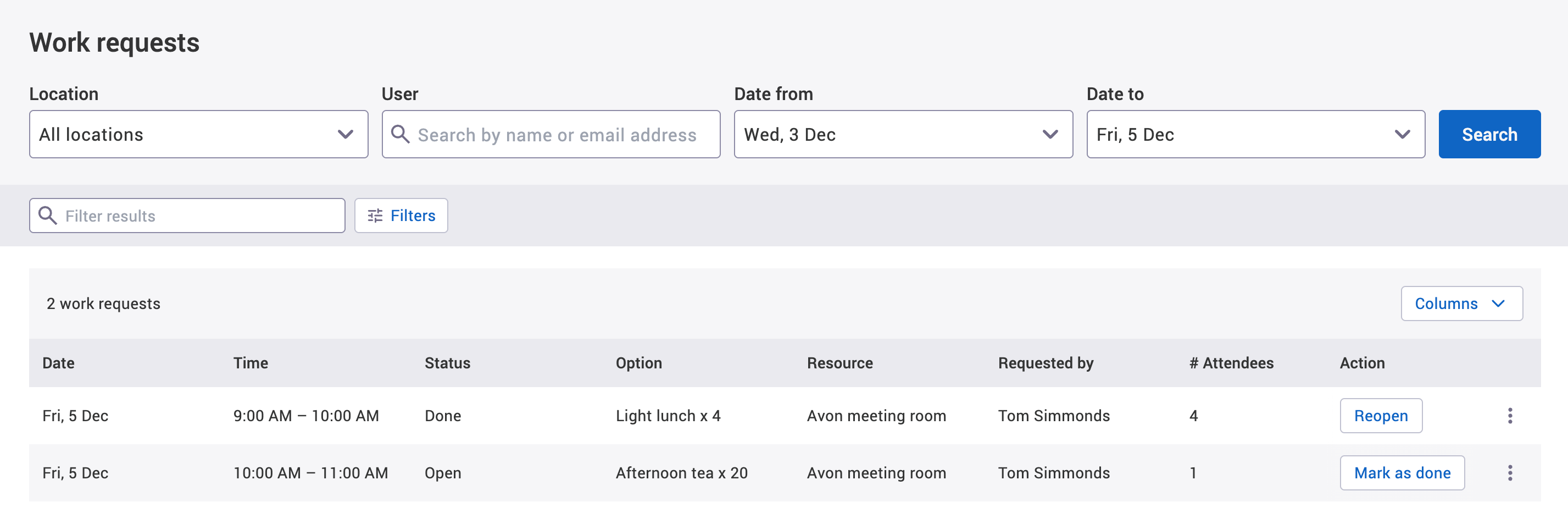 Work requests screen with the Mark as done and reopen buttons next to some example bookings.