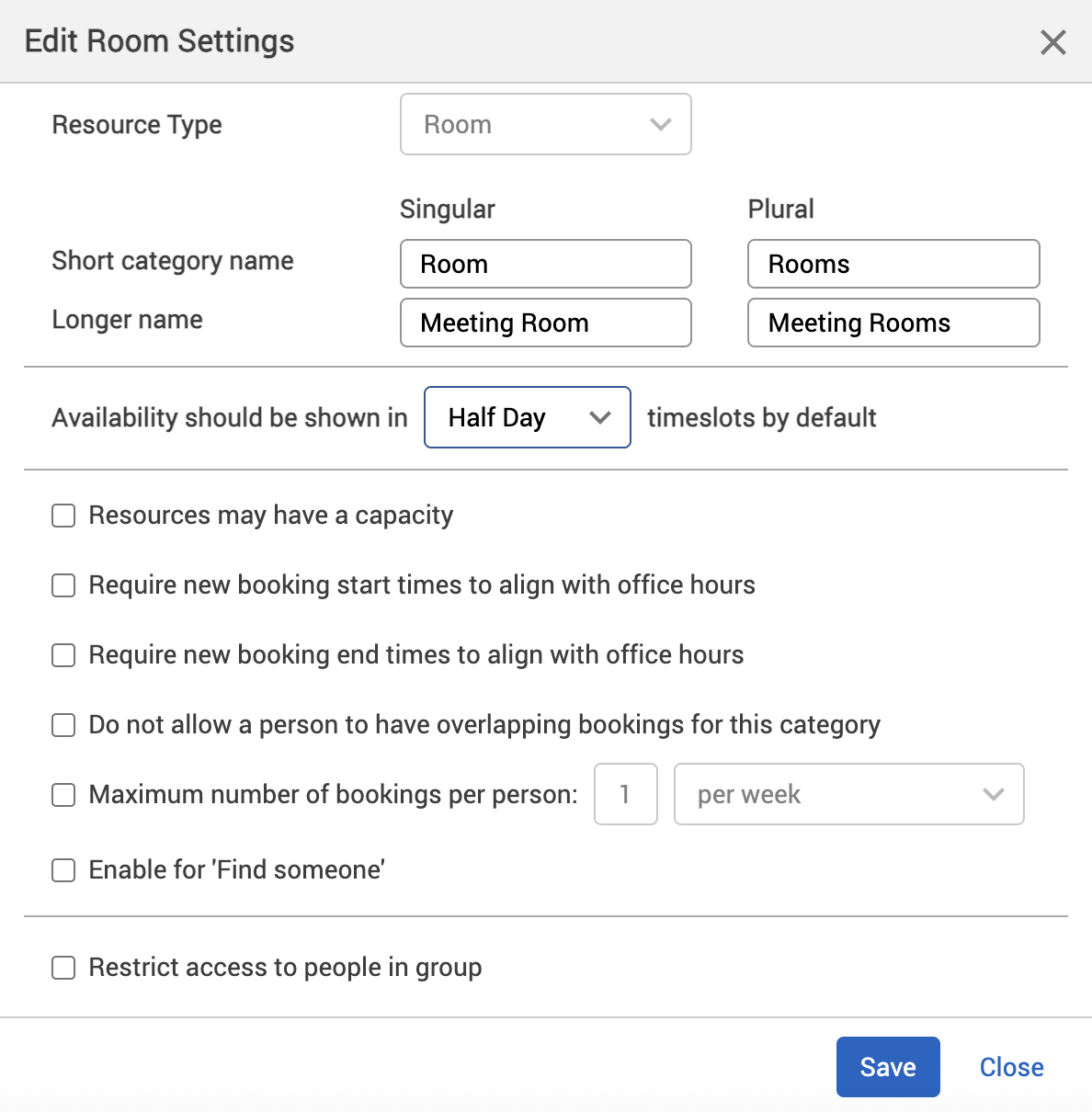 Edit Room settings pop-up.