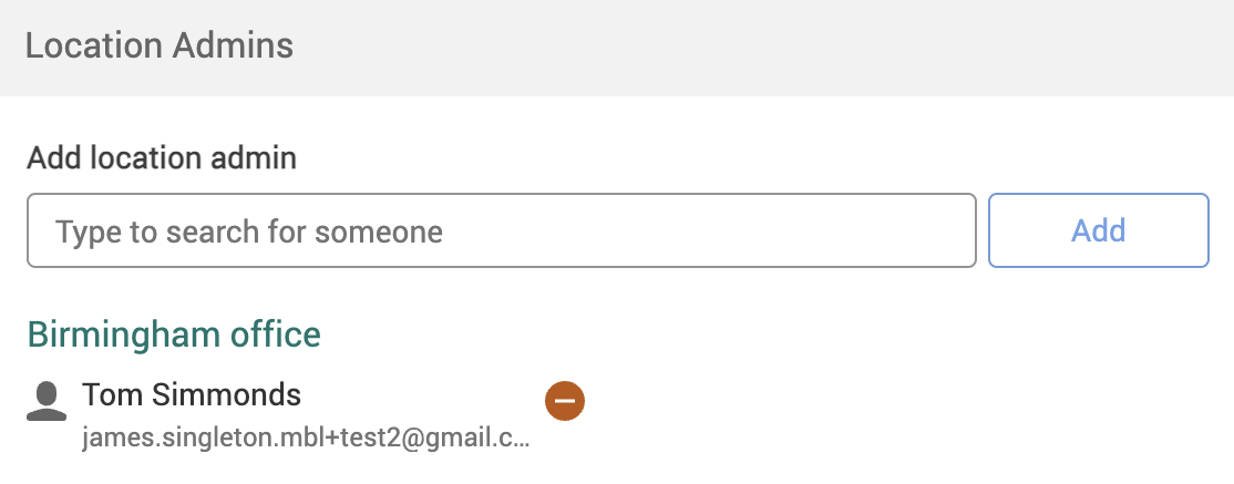 An example location administrator added to the Location Admins section in the Edit location pop-up.