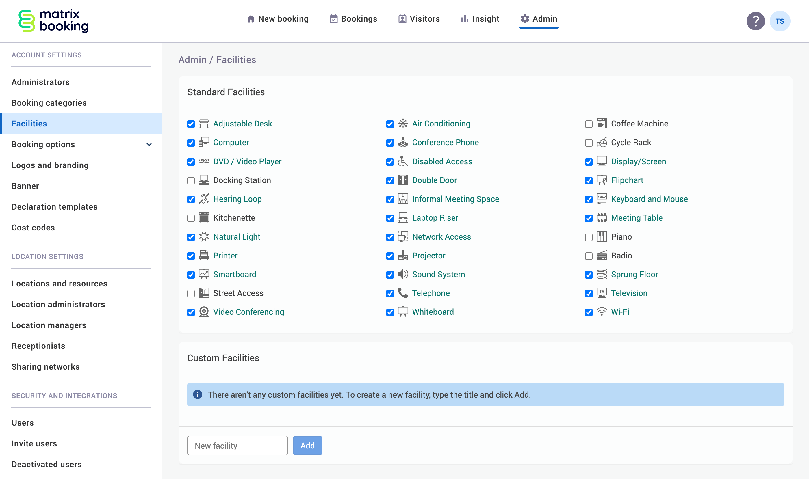 Facilities screen with all standard facilities listed and no custom facilities added.
