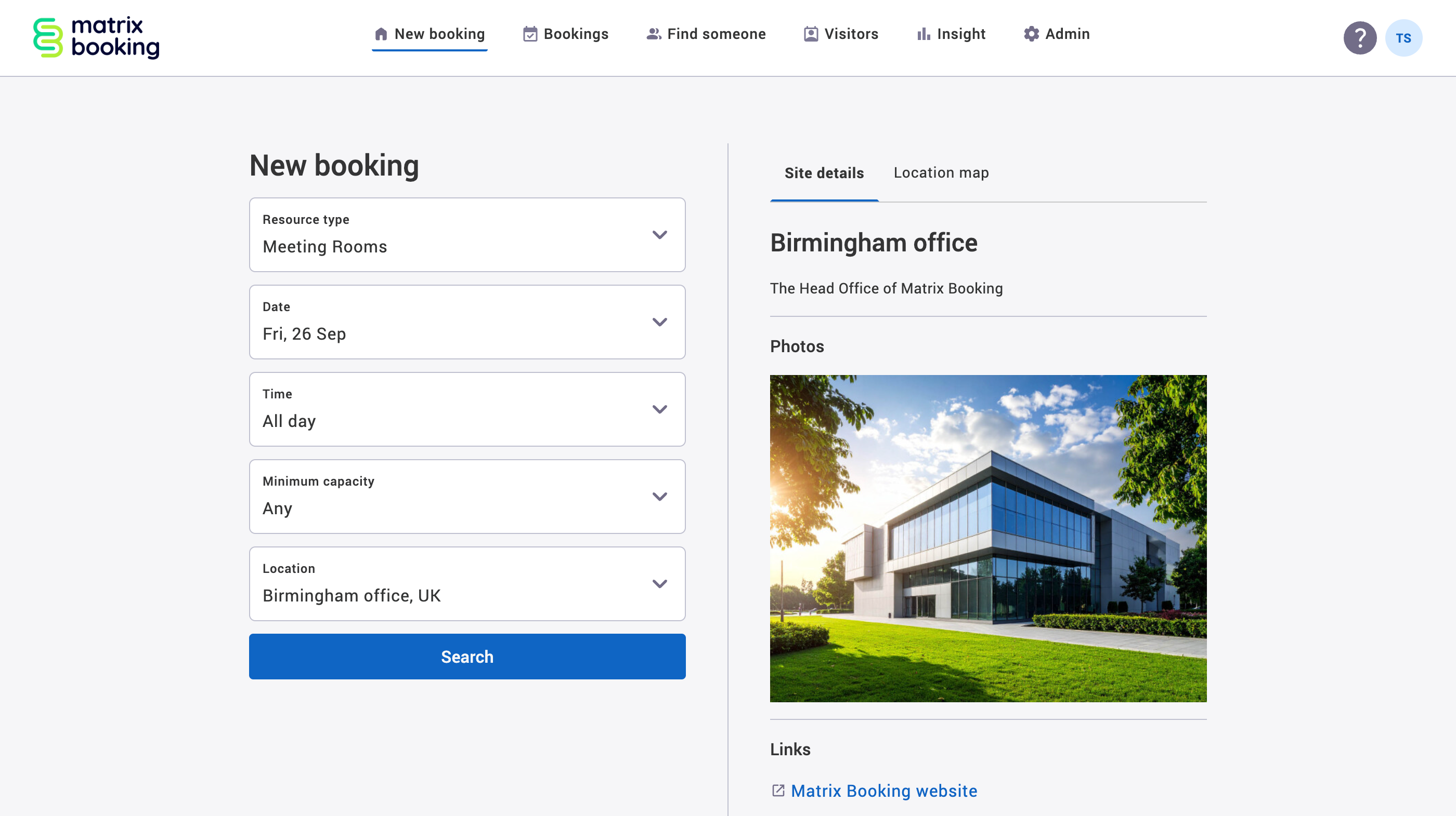 New booking screen with an example link in the links section.