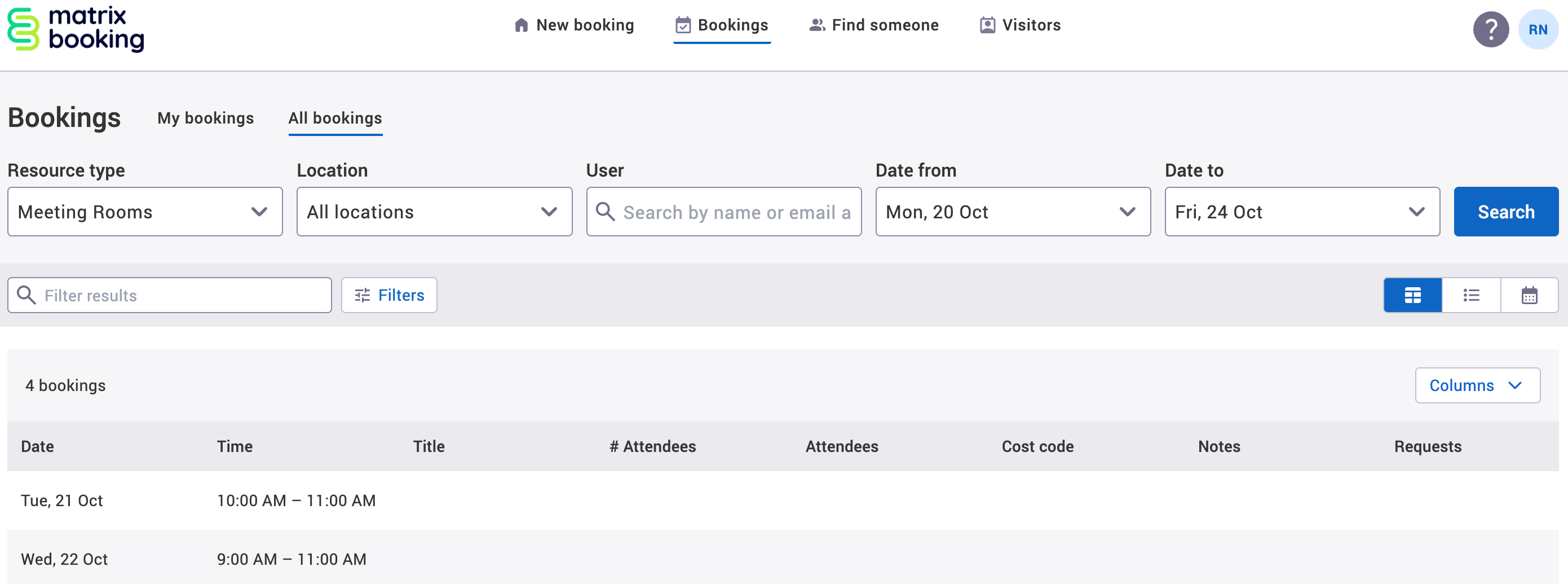 All bookings tab without booking data visibility and some of the booking information not displaying.