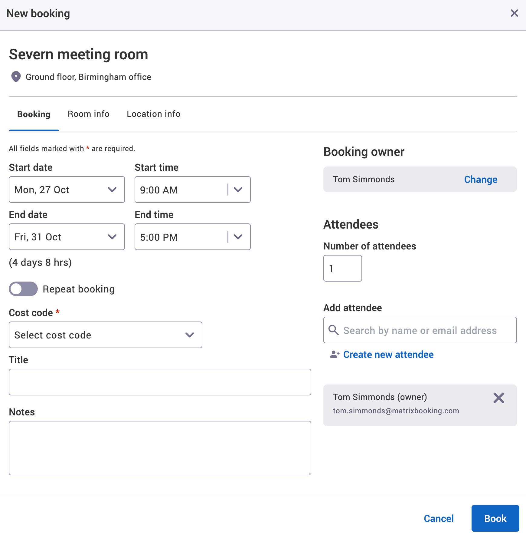 New booking pop-up with multi-day booking function selected and details entered.