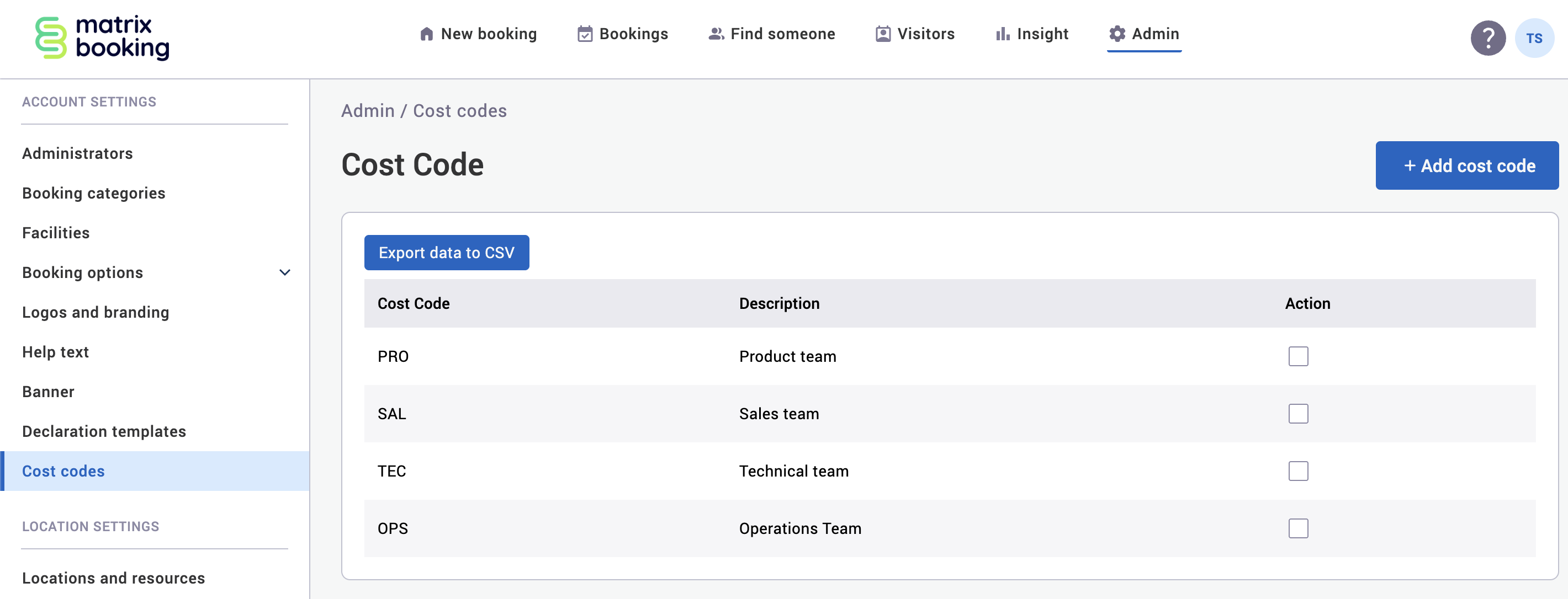 Example cost codes displayed on the Cost codes screen.