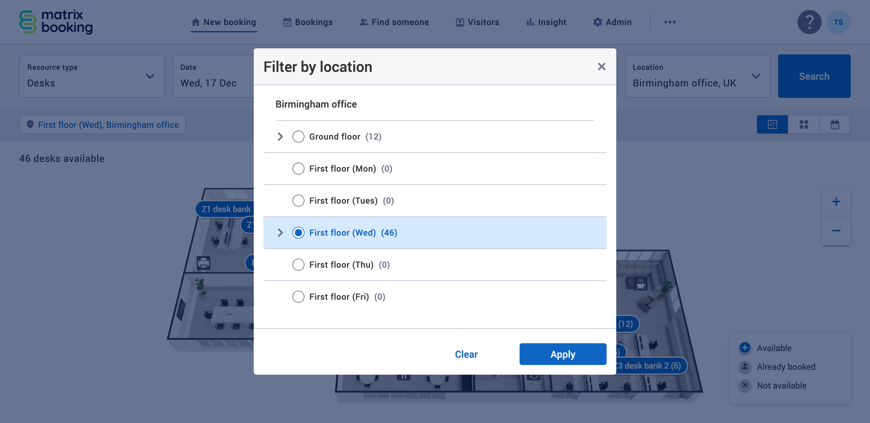 Filter by location set to first floor (wed) with 46 resources available.