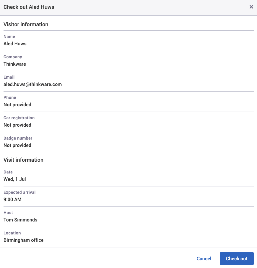 Checkout dialog for an example visitor.