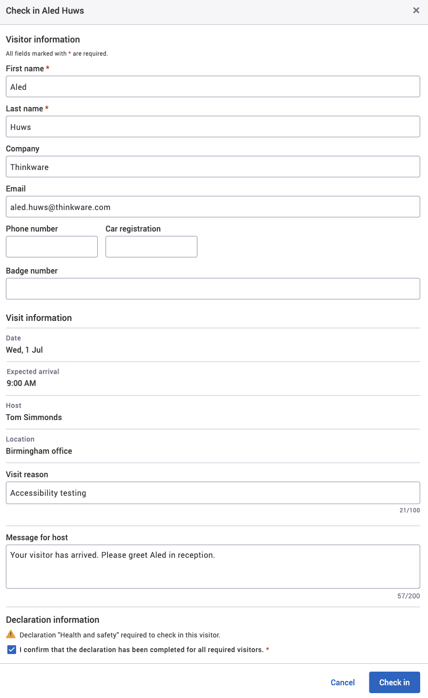 Check-in dialog with an example visitor added.