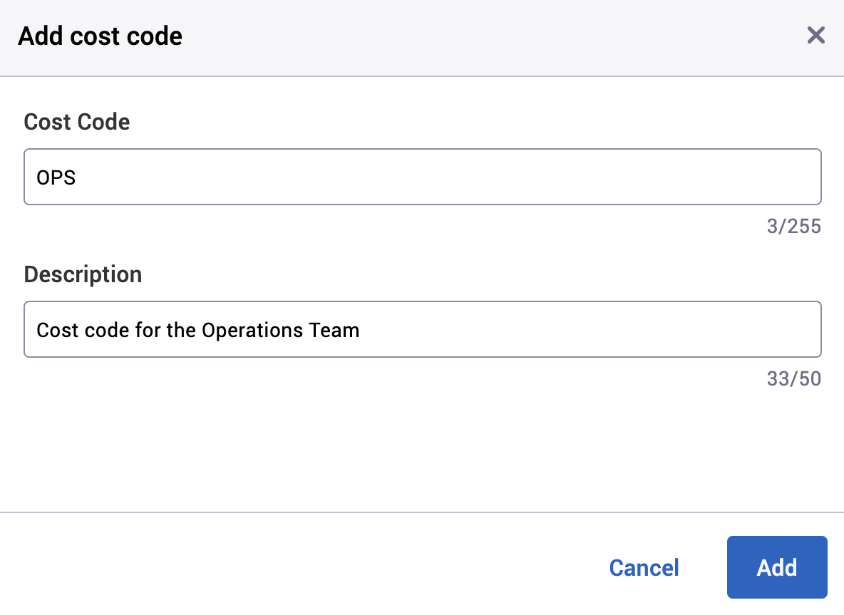 Example cost code entered in the add cost code pop-up.